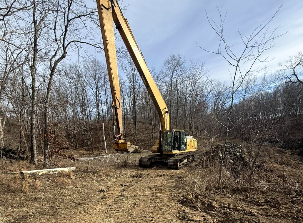 Long-reach excavator clearing a timbered edge